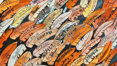 T+R Day - Fraser Middle Small carved cedar feathers coloured orange with meaningful words written on them