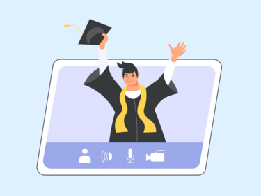 Online Video Graduation ceremony on distance. Happy graduate man on pc screen wearing academic gown throws the cap up.