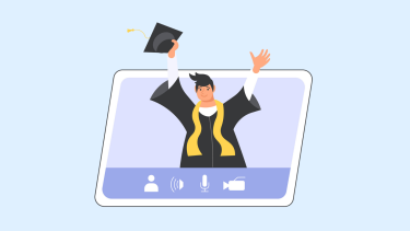 Online Video Graduation ceremony on distance. Happy graduate man on pc screen wearing academic gown throws the cap up.