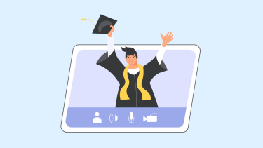 iStock - Happy graduate graphic Online Video Graduation ceremony on distance. Happy graduate man on pc screen wearing academic gown throws the cap up.